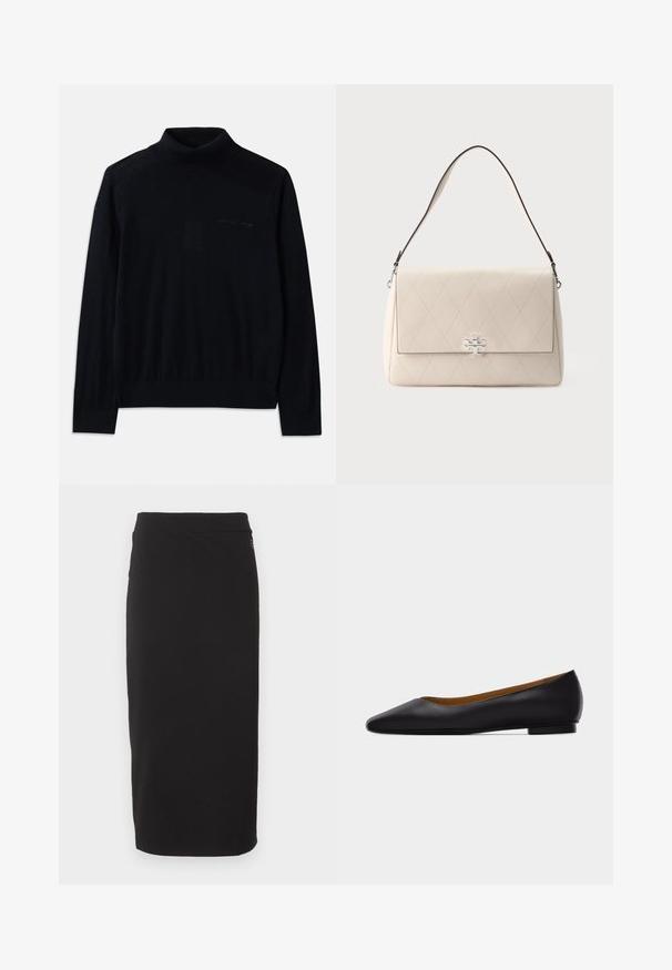 Suéter negro de cuello alto hecho de tela suave, con mangas largas y un sutil logotipo bordado en la parte delantera. Diseño simple con dobladillos acanalados.; Falda lápiz negra hasta la rodilla con una silueta ajustada y una cintura simple, mostrada sobre un fondo blanco liso.; Zapato plano de punta puntiaguda de cuero negro con tacón bajo y acabado liso, mostrado de perfil sobre un fondo gris claro.; Bolso de mano de cuero color crema con costura acolchada en forma de diamante, cierre con logo en plata y una sola correa para el hombro sobre un fondo liso.