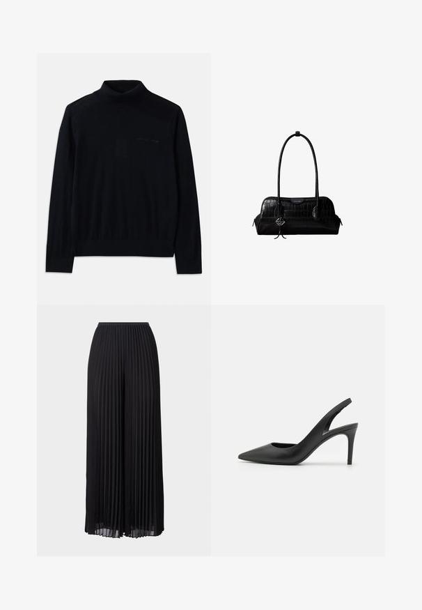 Suéter negro de cuello alto hecho de tela suave, con mangas largas y un sutil logotipo bordado en la parte delantera. Diseño simple con dobladillos acanalados.; Pantalones anchos de pierna amplia, plisados y color negro, con una cinturilla elástica. Fabricados en un tejido ligero, con pliegues verticales en toda su extensión.; Zapatos de tacón alto de cuero negro con diseño de punta afilada, que presentan un corte en la parte delantera y un delgado tacón de aguja.; Bolso de hombro negro de cuero con textura de cocodrilo, con correas largas y un pequeño colgante de logo plateado en una correa.