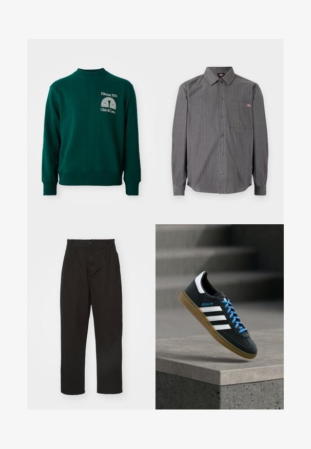 Groene trui met een hoge hals, geribbelde manchetten en een logo met de tekst "Ellesse 1959" en "Club di Corsa" aan de voorkant.; Grijze overhemden met dunne witte strepen, lange mouwen, een borstzak en een klassieke kraag. Gemaakt van duurzaam fabric.; Zwarte broek van gladde stof, met knoopsluiting, rechte snit en twee voorplooien voor extra detail.; Zwarte Adidas-sneaker met witte strepen, blauwe veters en een gumzool die boven een grijze betonnen trede zweeft in zacht licht.