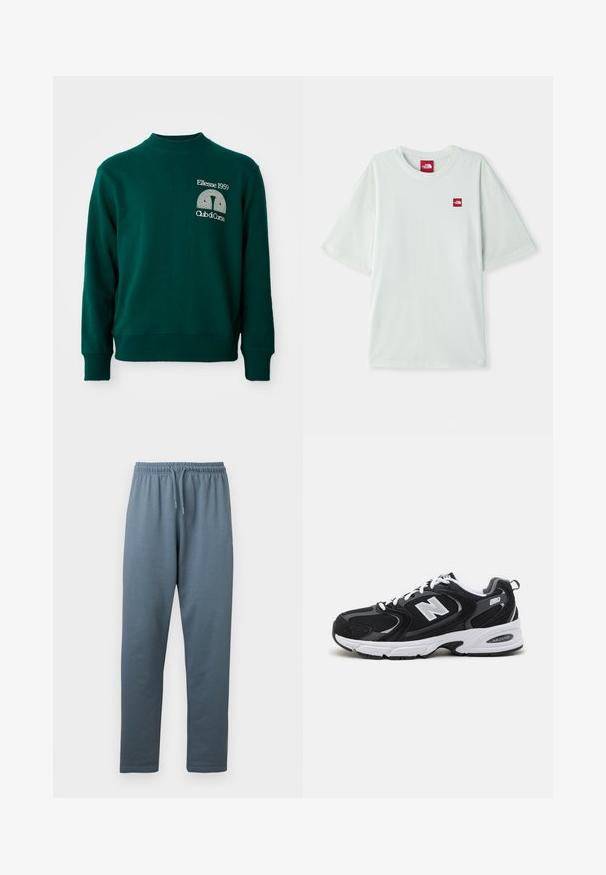 Groene trui met een hoge hals, geribbelde manchetten en een logo met de tekst "Ellesse 1959" en "Club di Corsa" aan de voorkant.; Lichtgroene T-shirt met korte mouwen van zachte katoen, voorzien van een klein rood logo label op de linker borst. Ontspannen pasvorm en ronde halslijn.; Blauwgrijze sweatpants met elastische taille, verstelbare trekkoord en rechte pijpen, afgebeeld tegen een witte achtergrond.; Zwarte en grijze sport schoenen met een bovenwerk van mesh en suede, voorzien van een witte tussenzool, veters en een gedurfde "N"-logo aan de zijkant.