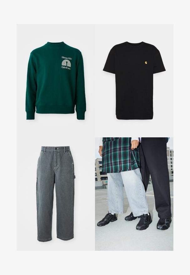 Groene trui met een hoge hals, geribbelde manchetten en een logo met de tekst "Ellesse 1959" en "Club di Corsa" aan de voorkant.; Zwarte katoenen t-shirt met korte mouwen, ronde hals en een klein geel logo op de linker borst. Eenvoudig ontwerp en normale pasvorm.; Donkergrijze rechte werkbroek met riemlussen, een voorste knoop en rits, zijzakken en een hamerlus op het rechterbeen.; Zwarte sportieve schoenen met mesh- en rubberaccenten. Draagt een lichtgrijze wijde spijkerbroek en een groen geruit shirt. Effen achtergrond.