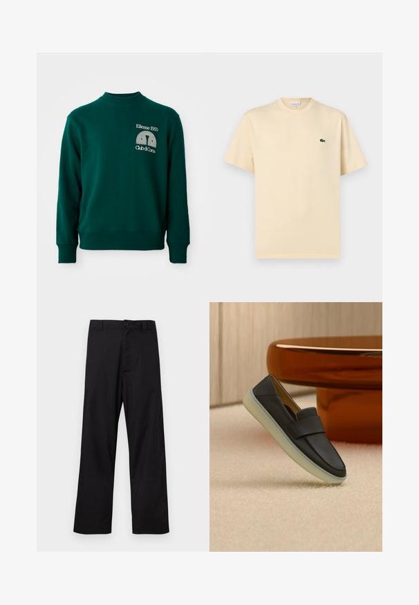 Vihreä collegepaita korkealla kauluksella, resorireunuksilla ja etupuolella logolla, jossa lukee "Ellesse 1959" ja "Club di Corsa".; Beige lyhythihainen t-paita pyöreällä kaula-aukkolla, jossa vasemmassa rinnassa pieni vihreä krokotiililogo, esitetty valkoisella taustalla.; Mustat suorat housut, joissa on nappi- ja vetoketjusuljenta, vyölenkit, esiteltynä tasaisena vaalealla taustalla.; Musta nahkainen loafer-pistokas, jossa paksu valkoinen pohja, esillä beigenvärisellä matolla pyöreän, meripihkankeltaisen pöydän vieressä.