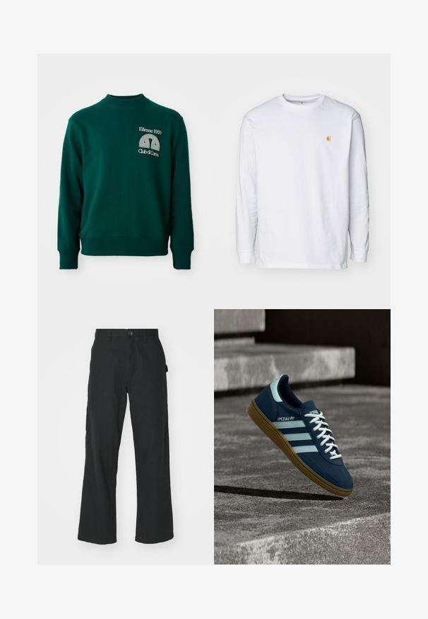 Groene trui met een hoge hals, geribbelde manchetten en een logo met de tekst "Ellesse 1959" en "Club di Corsa" aan de voorkant.; Witte lange mouwen t-shirt van katoen. Voorzien van een klein gouden logo op de borst en een ronde hals. Eenvoudig ontwerp en standaard pasvorm.; Zwarte wijde broek van lichtgewicht stof, met een knoopsluiting, voorzakken en een soepele textuur.; Blauwe Adidas Spezial sneaker met witte strepen en veters, gumzool, zwevend boven een ruwe betonnen oppervlakte en trappen op de achtergrond.
