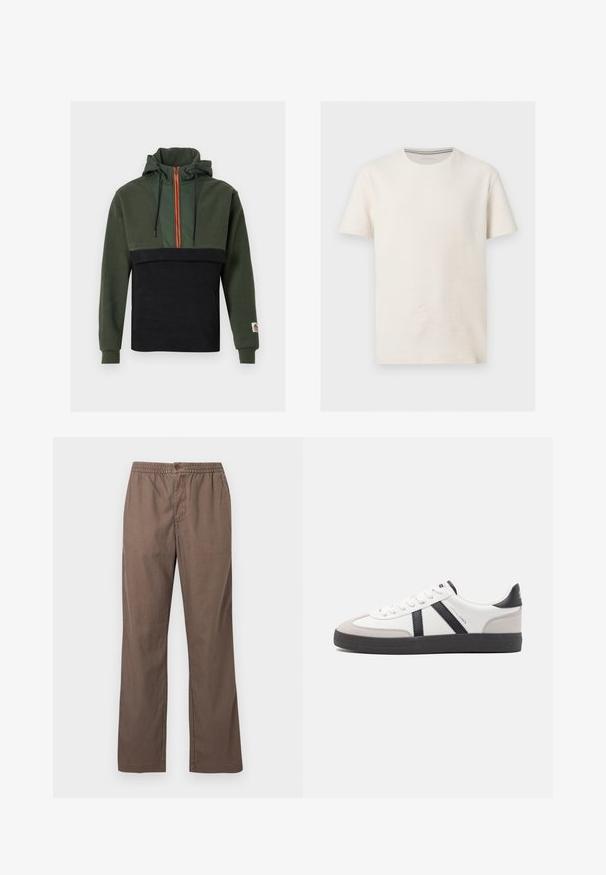 Sweat à capuche en molleton doux, avec une partie supérieure vert foncé et une partie inférieure noire, zippé orange et cordons ajustables.; T-shirt en coton texturé blanc cassé à manches courtes, col rond et logo subtil sur la poitrine gauche, présenté sur fond gris.; Pantalon casual marron avec taille élastique, fermeture à bouton, jambes droites et poches avant, présenté sur un fond blanc uni.; Baskets blanches avec des accents noirs et gris, présentant un embout texturé gris, une semelle en caoutchouc noir et des lacets plats blancs. Design épuré, style minimaliste.