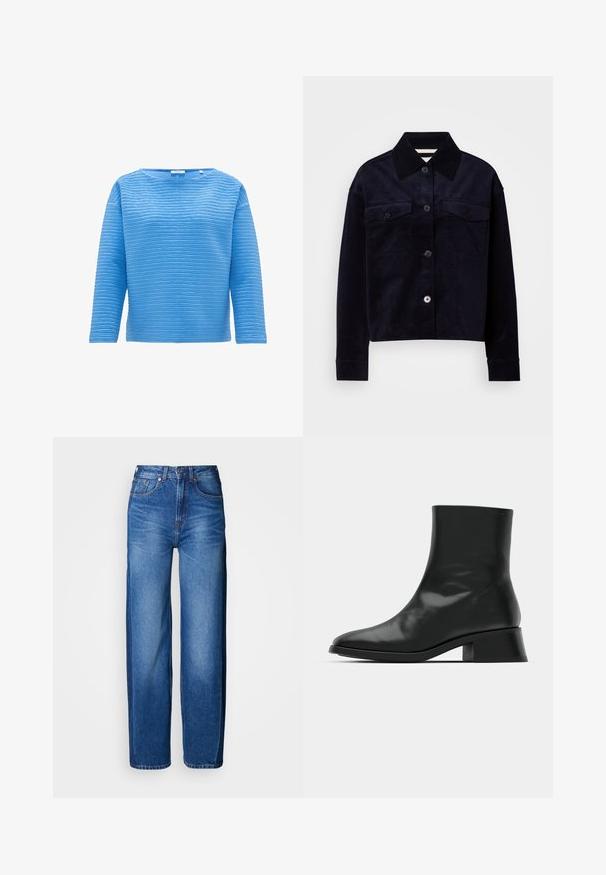 Blauwe langmouw top met een gestructureerd ribbelpatroon. Heeft een ronde halslijn en een losse pasvorm, gemaakt van een zachte stof.; Donkerblauwe corduroy jas met grote puntige kraag, knoopsluiting en twee klepzakken op de borst met knopen.; Blauwe denim wijde jeans met een hoge taille, voorzien van vijf zakken, lussen voor een riem en subtiele vervaging, gestikt met lichtere draad.; Zwarte enkelboot van glanzend leer, met een slank ontwerp, spitse neus en een gematigde blokhak voor stabiliteit.