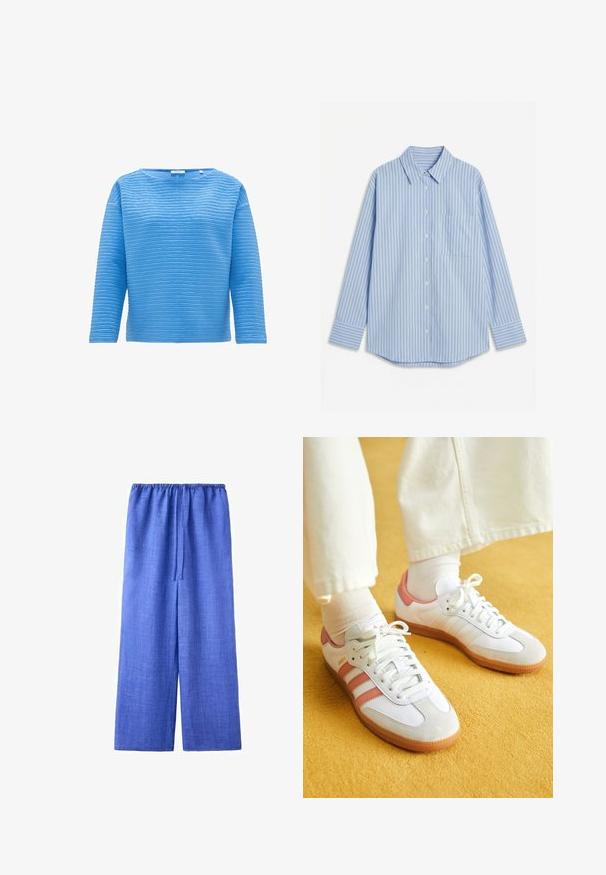 Blauwe langmouw top met een gestructureerd ribbelpatroon. Heeft een ronde halslijn en een losse pasvorm, gemaakt van een zachte stof.; Lichtblauw overhemd met lange mouwen, knopen en dunne donkerverticale strepen, met een borstzak, afgebeeld tegen een witte achtergrond.; Blauwe linnen broek met brede pijpen, elastische tailleband en vooraan aantrekkoord, weergegeven op een witte achtergrond.; Witte sportschoenen met roze accenten, gemaakt van suede en leer, met een ronde neus en een rubberen zool, weergegeven met lichtgekleurde sokken op een gele achtergrond.