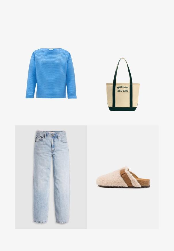 Blaues Langarmoberteil mit einem strukturierten Rippenmuster. Verfügt über einen runden Halsausschnitt und eine lässige Passform, hergestellt aus einem weichen Stoff.; Hellblaue Jeans aus Denim mit hoher Taille, lockerem Schnitt, geraden Beinen und klassischem Fünf-Taschen-Design. Sichtbare Verblassung und Nahtdetails.; Beige Schaffell-Mokassins mit einem braunen Wildlederriemen, Korkfußbett und strukturiertem Gummiaußensohle, entworfen für Komfort und legere Trageweise.; Beige Leinentragetasche mit dunkelgrünen Griffen und Akzenten. Mit "GUESS INC. EST. 1981" auf der Vorderseite gestickt. Eimerform, mittlere Größe.