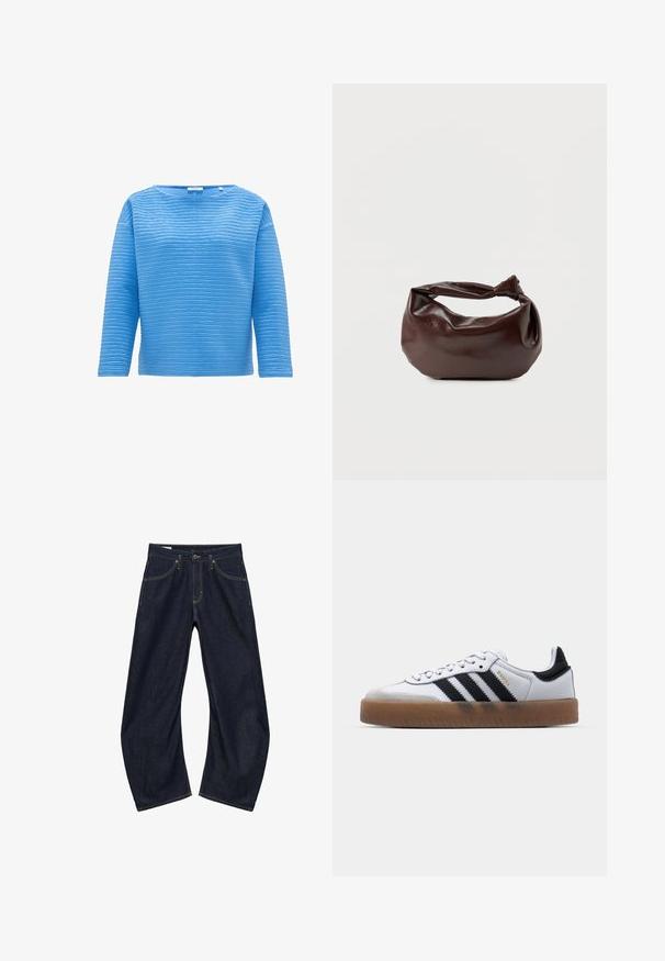 Blauwe langmouw top met een gestructureerd ribbelpatroon. Heeft een ronde halslijn en een losse pasvorm, gemaakt van een zachte stof.; Donkerblauwe denim jeans met wijde pijpen, voorzakken, riemlussen en knoopsluiting, plat liggend op een witte achtergrond.; Witte leren sneakers met zwarte strepen, gumrubberen buitenzool, ronde neus, vetersluiting en een zachte grijze suède neuskap.; Donkerbruine leren schoudertas met een zachte, slungelige vorm en een gedraaide knoopvormige handgreep op een effen witte achtergrond.