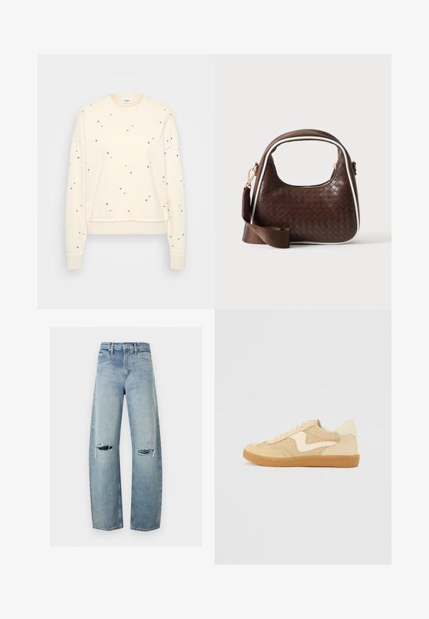 Cremefarbener Sweatshirt mit langen Ärmeln, verziert mit verstreuten metallic Nieten, gerippten Manschetten und einem runden Ausschnitt.; Hellblaue Jeans mit geradem Bein, mit abgenutzten Rissen an beiden Knien, Vordertaschen, Gürtelschlaufen und Knopfverschluss.; Beige Sneaker aus Wildleder und Mesh-Materialien, runde Form, auffälliger gepolsterter Kragen und eine Sohle aus Gummi. Verfügt über ein wellenförmiges Design-Highlight.; Braune gewebte Lederhandtasche mit weißer Paspel, goldenem Reißverschluss und abnehmbarem braunem Stoff-Schulterriemen.