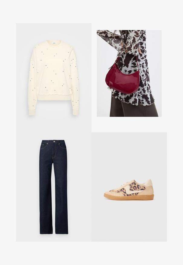 Cremefarbener Sweatshirt mit langen Ärmeln, verziert mit verstreuten metallic Nieten, gerippten Manschetten und einem runden Ausschnitt.; Dunkelblaue Denim-Jeans mit geradem Bein, klassischem Fünf-Taschen-Stil, sichtbaren Nähten und einem Frontknopfverschluss.; Löwenmuster-Sneaker mit beige Wildleder-Obermaterial, tanfarbener Gummisohle und weißen Akzenten. Runde Zehenform und Schnürdesign mit strukturiertem Finish.; Frau trägt eine schwarz-weiß gemusterte Bluse und hält eine glänzende rote Schultertasche vor einem einfarbigen Hintergrund.