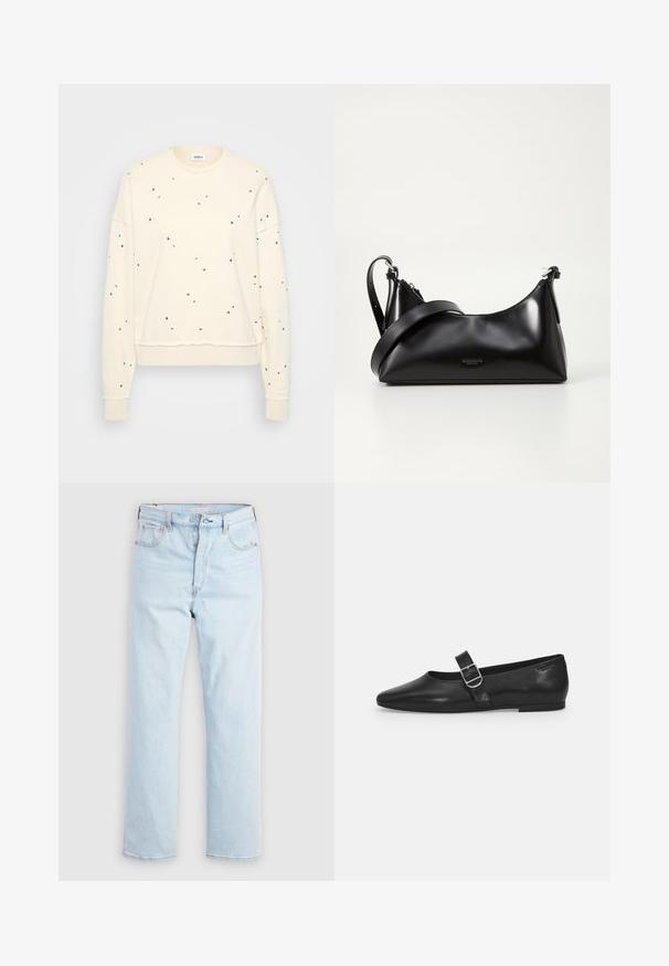 Cremefarbener Sweatshirt mit langen Ärmeln, verziert mit verstreuten metallic Nieten, gerippten Manschetten und einem runden Ausschnitt.; Hellblaue Jeans mit hoher Taille und geradem Bein, mit Knopfleiste sowie Vorder- und Gesäßtaschen, auf schlichtem weißem Hintergrund.; Schwarzer Lederflatschuh mit runder Zehenform, einem verstellbaren Schnallenriemen und einer glatten, glänzenden Oberfläche. Minimalistisches Design mit einem niedrigen Absatz.; Schwarze lederne Handtasche mit glatter Textur. Verfügt über einen verstellbaren Riemen und ein elegantes, minimalistisches Design mit einem Reißverschluss.