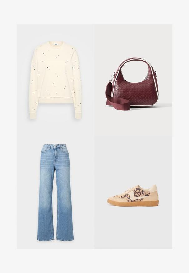 Cremefarbener Sweatshirt mit langen Ärmeln, verziert mit verstreuten metallic Nieten, gerippten Manschetten und einem runden Ausschnitt.; Hellblaue Jeans mit hoher Taille, weitem Bein, Vordertaschen, Gürtelschlaufen und Knopfverschluss.; Löwenmuster-Sneaker mit beige Wildleder-Obermaterial, tanfarbener Gummisohle und weißen Akzenten. Runde Zehenform und Schnürdesign mit strukturiertem Finish.; Dunkelrote gewebte Ledertasche mit gebogenem Griff, weißem Besatz, silbernem Reißverschluss und abnehmbarem breitem Stoff-Schulterriemen vor einfarbigem Hintergrund.