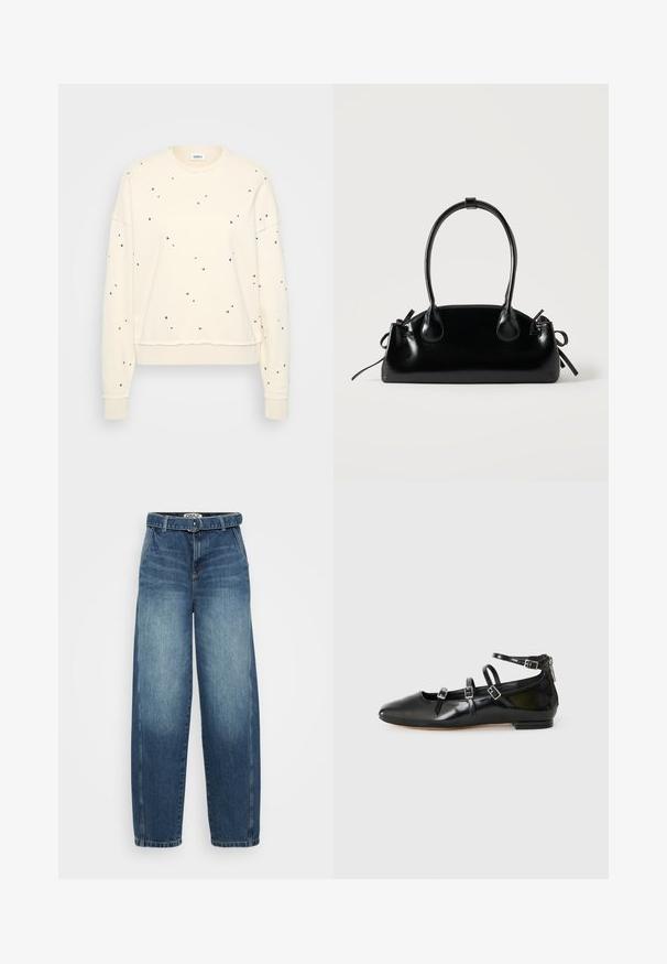 Cremefarbener Sweatshirt mit langen Ärmeln, verziert mit verstreuten metallic Nieten, gerippten Manschetten und einem runden Ausschnitt.; Helle Jeans in Blau mit hohem Taillenbund und weitem Bein, ausgestattet mit einem Gürtel, featuring einem verblichenen Waschung, geradem Schnitt und minimalen Nähdetails.; ALDO NELTA - Klassischer Ballerina - black; Kleine schwarze glänzende Handtasche mit zwei langen Griffen und seitlichen Kordelzug-Details vor einfachem hellem Hintergrund.