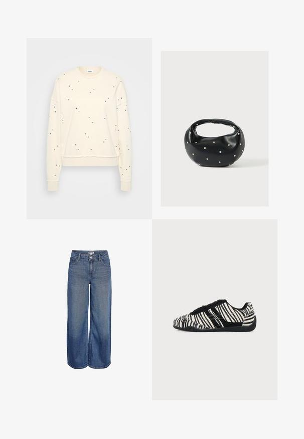 Cremefarbener Sweatshirt mit langen Ärmeln, verziert mit verstreuten metallic Nieten, gerippten Manschetten und einem runden Ausschnitt.; Blaue Denim-Jeans mit weitem Bein, vorderem Knopf- und Reißverschluss, Gürtelschlaufen sowie Taschen vorne und hinten.; Schwarz-weißer Sneaker mit Schnürung, Zebramuster und texturierter schwarzer Sohle auf einem einfarbigen hellen Hintergrund.; Schwarze Lederhandtasche mit abgerundeter Form, verziert mit silbernen Nietenakzenten und kurzem Griff. Glatte Struktur und Reißverschlussverschluss.