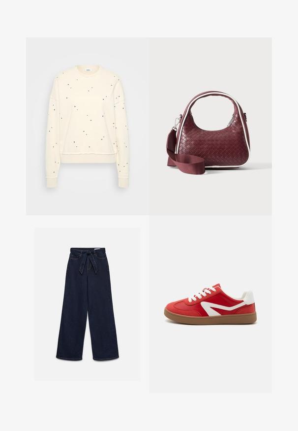 Cremefarbener Sweatshirt mit langen Ärmeln, verziert mit verstreuten metallic Nieten, gerippten Manschetten und einem runden Ausschnitt.; Hochgeschnittene dunkelblaue Jeans mit weitem Bein, Fronttaschen und einem passenden Stoffgürtel, der in der Taille gebunden ist.; Rote synthetische Sneakers mit weißen Akzenten. Abgerundete Zehenpartie, tief geschnittenes Design und strukturierten Gummisohle. Verfügt über weiße Schnürsenkel und ein seitliches Logo-Detail.; Dunkelrote gewebte Ledertasche mit gebogenem Griff, weißem Besatz, silbernem Reißverschluss und abnehmbarem breitem Stoff-Schulterriemen vor einfarbigem Hintergrund.