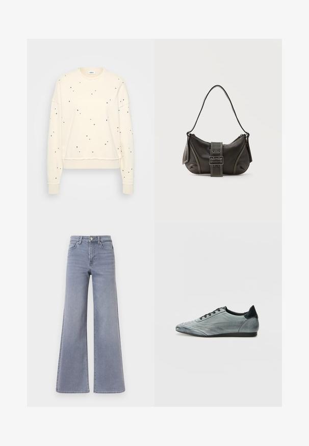 Cremefarbener Sweatshirt mit langen Ärmeln, verziert mit verstreuten metallic Nieten, gerippten Manschetten und einem runden Ausschnitt.; Hellblaue Jeans mit weitem Bein und hoher Taille, mit vorderer Knopf- und Reißverschluss, vorne und hinten Taschen, auf weißem Hintergrund dargestellt.; Hellgraue Leder-Sneaker mit einem schlanken Design, ausgestattet mit genieteten Details, schwarzen Schnürsenkeln und einem dunklen Fersenakzent. Gummisohle.; Schwarze Leder-Schultertasche mit Schnallengurt-Detail, abgerundeten Kanten und kontrastierenden weißen Nähten auf schlichtem Hintergrund.