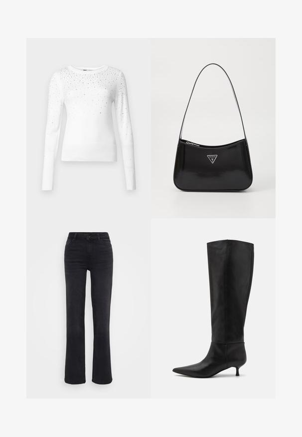 ONLY Knitted ONLSOLITA Knitted - Pullover - cloud dancer; Jean en denim noir à coupe droite, avec une fermeture à bouton à l'avant, cinq poches et des détails de couture subtils.; Bottes en cuir noir montant jusqu'au genou avec un bout pointu et un petit talon. Texture lisse et design minimaliste sans matériel ou accents visibles.; Sac à épaule en cuir verni noir avec une forme incurvée, présentant un logo triangle en argent et une fermeture éclair. Texture lisse et bandoulière fine.