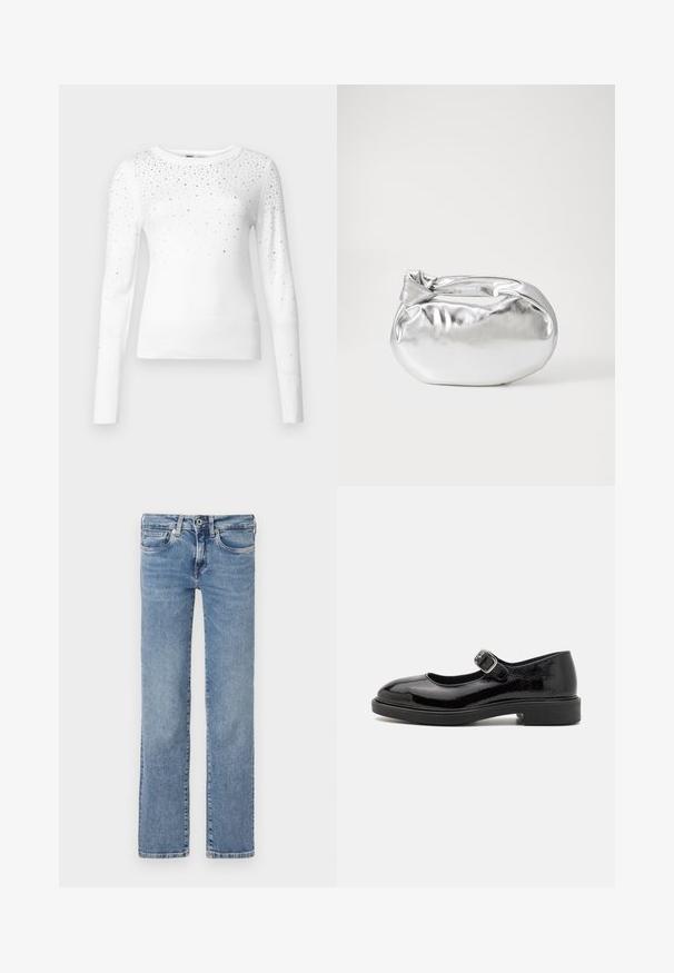 ONLY Knitted ONLSOLITA Knitted - Striktrøje - cloud dancer; Lyseblå denimjeans, straight-leg design, fem-lomme stil, knap- og lynlåslukning, med subtil falmning og en ren kant.; Sorte patentlæder Mary Jane-sko med rund tå, justerbar spænde, lav blokhælhæl og glat, blank finish.; Sølvmetallic pose med en blød, rund form og en knyttet lukning foroven. Fremstillet af glat faux lædermateriale.