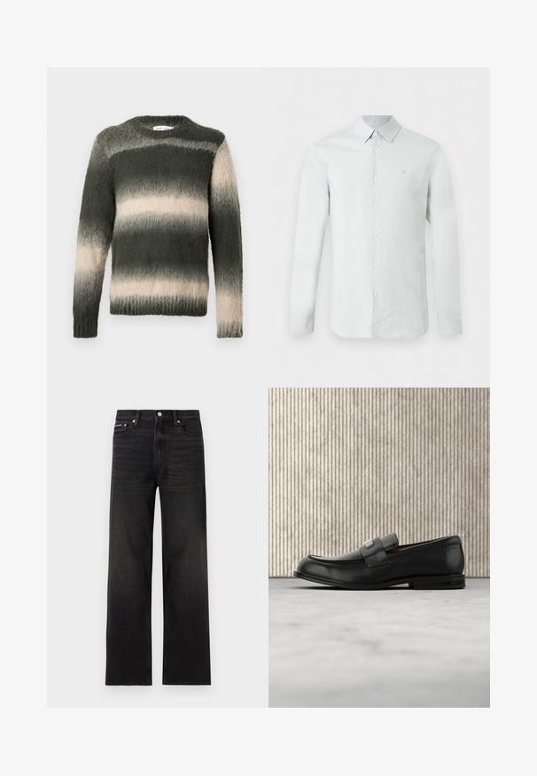 Un pull rayé vert et crème avec une finition texturée et duveteuse. Il présente un col rond et des manches longues ; le motif ombré passe du sombre au clair.; Chemise habillée homme à manches longues bleu clair, avec fermeture boutonnée sur le devant et col, affichant un logo subtil de la marque sur la poitrine gauche.; Jean noir droit avec cinq poches, passants pour ceinture et fermeture par bouton, présenté sur un fond blanc.; Mocassin en cuir noir avec une plaque de marque en métal reposant près d'une table ronde marron sur un sol recouvert de moquette beige.