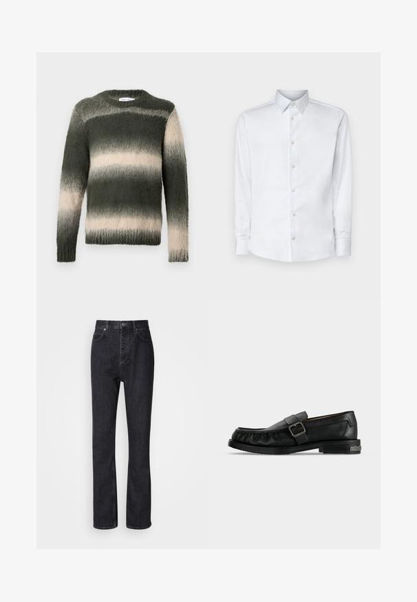 Un pull rayé vert et crème avec une finition texturée et duveteuse. Il présente un col rond et des manches longues ; le motif ombré passe du sombre au clair.; Chemise blanche à manches longues en tissu lisse, dotée d'un col classique, d'une patte de boutonnage et de poignets avec boutons, présentée sur un fond uni.; Jean en denim noir taille haute avec fermeture à bouton et à glissière, poches avant et arrière, et coupe droite.; Mocassin en cuir noir avec une bride à boucle, détails cousus autour de la pointe, et un petit talon avec un accent métallique.