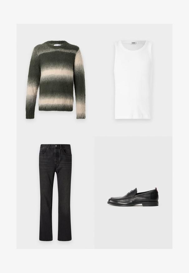 Un pull rayé vert et crème avec une finition texturée et duveteuse. Il présente un col rond et des manches longues ; le motif ombré passe du sombre au clair.; Débardeur en coton blanc sans manches avec un col rond et une texture lisse. Design simple, sans motifs ni accents.; Jeans en denim noir avec une coupe droite, cinq poches et une fermeture à bouton à l'avant. Surface texturée avec des détails de décoloration subtils.; Mocassins en cuir noir avec un bout arrondi, des détails cousus et un petit accent rouge au niveau du talon. Semelle en caoutchouc à profil bas.
