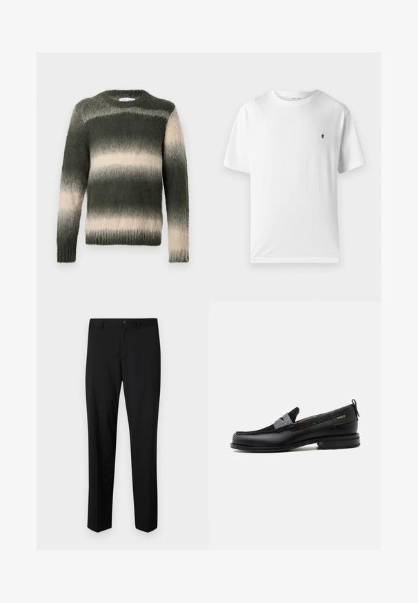Un pull rayé vert et crème avec une finition texturée et duveteuse. Il présente un col rond et des manches longues ; le motif ombré passe du sombre au clair.; T-shirt en coton blanc à col rond, manches courtes, avec un petit logo noir sur la poitrine. Texture douce, coupe décontractée.; Pantalons noirs ajustés avec une coupe plate, taille standard et jambes droites. Fabriqués en tissu lisse, dotés d'une fermeture à un bouton.; Mocassin en cuir noir avec détail de bride grise, talon bas et semelle texturée, marqué "HUGO" en or sur le côté.