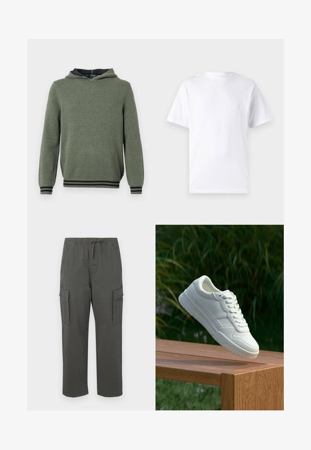 OLYMP Level Five HOODIE - Pullover - grey green; T-shirt blanc à manches courtes en coton avec un col rond, présentant une texture lisse et un design simple, sans motifs ni accents.; Pantalons cargo gris foncé avec une taille élastique, un cordon de serrage, des poches à rabat sur les côtés et une coupe droite.; Baskets en cuir blanc avec une texture lisse, présentant un design perforé, un laçage classique et une semelle en caoutchouc, positionnées au-dessus d'une surface en bois.