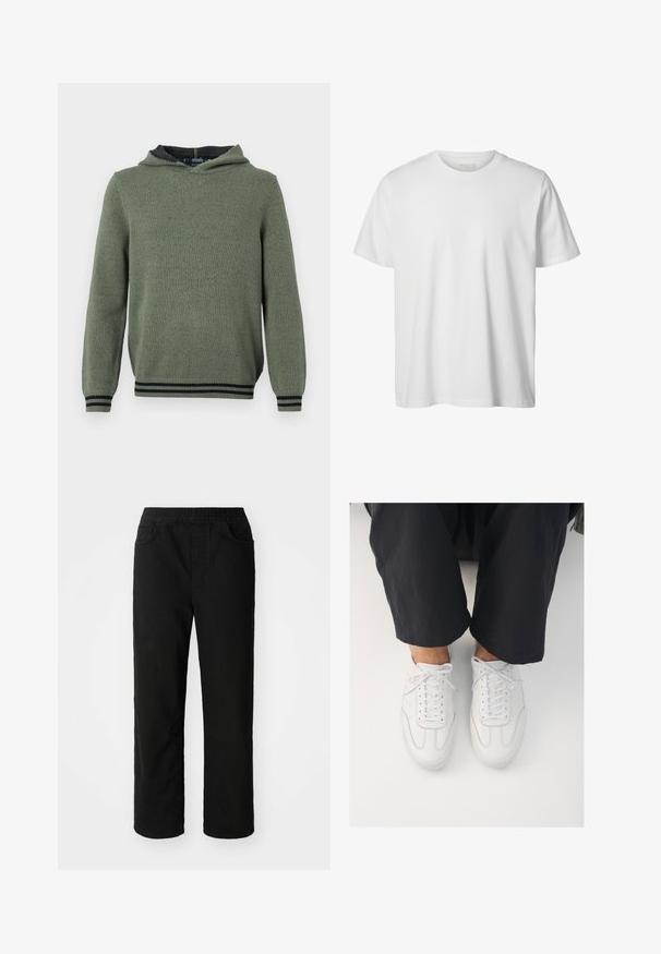 OLYMP Level Five HOODIE - Pullover - grey green; T-shirt blanc uni à manches courtes, col rond, coupe décontractée, sans logos ni motifs visibles à l'avant.; Pantalons en coton noir avec une coupe décontractée, taille élastique, deux poches avant et jambes droites. Texture lisse sans motifs visibles.; Baskets blanches en cuir avec une texture lisse, bout rond et système de laçage classique, positionnées au-dessus de pantalons sombres et amples.