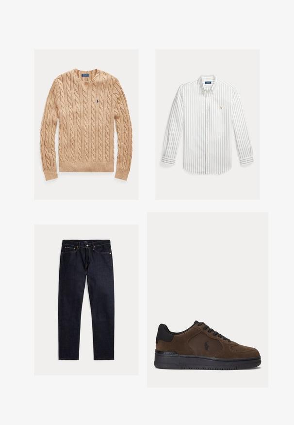 Jersey beige de punto trenzado con cuello redondo, mangas largas y pequeño logo azul de Polo Ralph Lauren en el pecho izquierdo.; Camisa blanca de manga larga con botones, con finas rayas verticales azules y pequeño logo bordado en el pecho izquierdo.; Vaqueros rectos de índigo oscuro con cinco bolsillos, cierre de botón y cremallera, y costuras naranjas en contraste sobre un fondo liso.; Zapatilla deportiva de caña baja color marrón oscuro con suela negra, cordones negros y panel lateral de malla con un pequeño logo negro.
