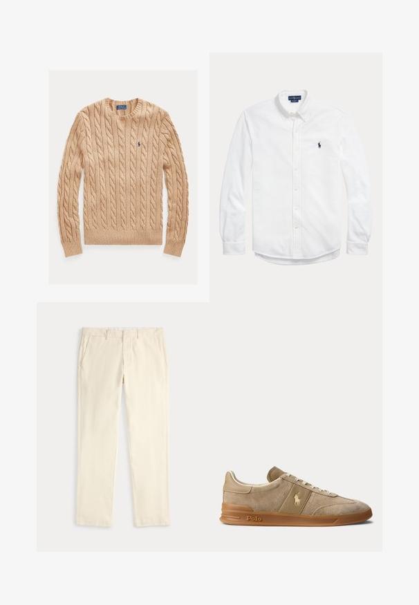Jersey beige de punto trenzado con cuello redondo, mangas largas y pequeño logo azul de Polo Ralph Lauren en el pecho izquierdo.; Camisa blanca de manga larga con cierre de botones, cuello abotonado y pequeño logo oscuro de Polo Ralph Lauren en el pecho izquierdo.; Pantalones de pierna recta color crema con trabillas para cinturón y bolsillos laterales, mostrados extendidos en un fondo claro.; Zapatilla beige de ante y cuero con suela de goma, cordones blancos y logo Polo en el lateral y la suela.