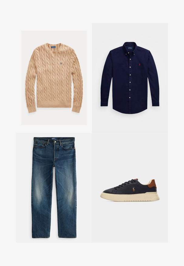 Jersey beige de punto trenzado con cuello redondo, mangas largas y pequeño logo azul de Polo Ralph Lauren en el pecho izquierdo.; Camisa de botones azul marino en tela suave con cuello, que presenta un pequeño logo bordado en rojo en el lado izquierdo del pecho. Mangas largas.; Pantalones vaqueros de mezclilla azul índigo con diseño de pierna recta, estilo de cinco bolsillos y un sutil desvanecimiento en los muslos. Cierre con botón de metal y cremallera.; Zapatilla negra de perfil bajo con suela crema, lengüeta trasera marrón, logo del caballo de Polo Ralph Lauren en el lateral y cordones negros sobre un fondo liso.