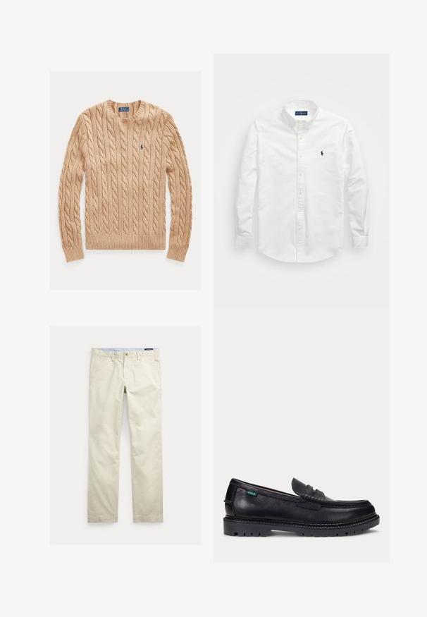Beige kabelgebreide trui met ronde hals, lange mouwen en klein blauw Polo Ralph Lauren-logo op de linkerborst.; Witte button-up shirt van katoen. Voorzien van een puntige kraag, lange mouwen en een klein marineblauw logo op de borst. Gladde textuur.; Beige katoenen broek met rechte pijpen, riemlussen, voorste knoop, ritssluiting en zijzakken.; Zwarte leren loafer met dikke geprofileerde zool en klein groen "Polo" label aan de buitenkant bij de hiel.