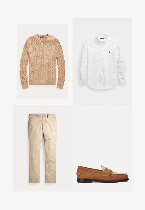 Béžový sveter s okrúhlym výstrihom, dlhými rukávmi a malým modrým logom Polo Ralph Lauren na ľavej strane hrude.; Biela košeľa na gombíky vyrobená z bavlny. Má špicatý golier, dlhé rukávy a malú námornícku nášivku na hrudi. Hladká textúra.; Béžové chinos nohavice s plochým predným dielom, pútkami na opasok, bočnými vreckami a zapínaním na gombík v páse na bielom pozadí.; Polo Ralph Lauren ALSTON SUEDE PENNY LOAFER - Našuchovačky - teak/bone