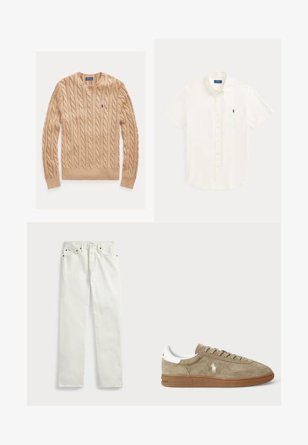 Beige-värinen palmikkoneulepaita pyöreällä kauluksella, pitkät hihat ja pieni sininen Polo Ralph Lauren -logo vasemmassa rinnassa.; Valkoinen lyhythihainen napitettava paita, jossa on kaulus ja vasemmassa rinnassa pieni laivastonsininen Polo Ralph Lauren -logo.; Valkoiset farkut suoraa leikkausta, joissa on viisi taskua, metallinapit ja ompeluakkentit saumoissa. Sileä kangas.; Suede lenkkarit vaaleanruskeana, joissa on valkoisia yksityiskohtia, pyöreä kärki ja nauhakiinnitys. Varustettu kohokuvioidulla logolla ja kumipohjalla pidon parantamiseksi.
