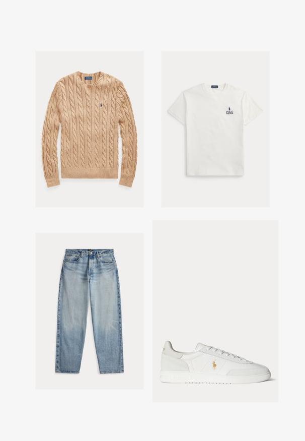 Béžový sveter s okrúhlym výstrihom, dlhými rukávmi a malým modrým logom Polo Ralph Lauren na ľavej strane hrude.; Biele bavlnené tričko s krátkym rukávom. Na ľavej strane na hrudi má námornícky modré logo a text. Klasický okrúhly výstrih. Hladká textúra.; Svetlomodré džínsy z denimu s voľnejším strihom. Majú vysoký pás, päť vreciek a viditeľné prešívanie. Povrch je mierne textúrovaný.; Biela nízka teniska so šnurovaním, zlaté logo Polo Ralph Lauren na boku a textúrovaná podrážka na jednofarebnom pozadí.