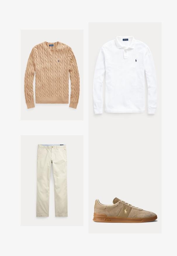 Jersey beige de punto trenzado con cuello redondo, mangas largas y pequeño logo azul de Polo Ralph Lauren en el pecho izquierdo.; Polo blanco de manga larga con cuello, tapeta con dos botones y pequeño logo bordado en azul marino en forma de caballo en el pecho izquierdo.; Pantalones de algodón beige de corte recto con trabillas para cinturón, botón frontal, cierre de cremallera y bolsillos laterales.; Zapatilla beige de ante y cuero con suela de goma, cordones blancos y logo Polo en el lateral y la suela.
