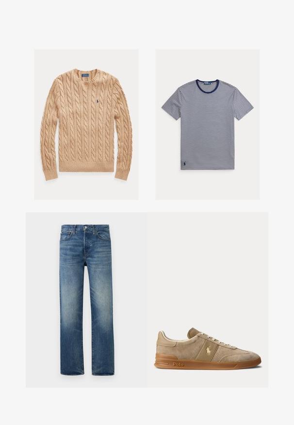 Jersey beige de punto trenzado con cuello redondo, mangas largas y pequeño logo azul de Polo Ralph Lauren en el pecho izquierdo.; Camiseta de rayas azules y blancas, cuello redondo, mangas cortas, tejido de algodón, con un pequeño logo en el lado inferior izquierdo.; Vaqueros azul desgastado de pierna recta con cierre frontal de botón y cremallera, trabillas para cinturón y bolsillos delanteros sobre fondo liso.; Zapatilla beige de ante y cuero con suela de goma, cordones blancos y logo Polo en el lateral y la suela.