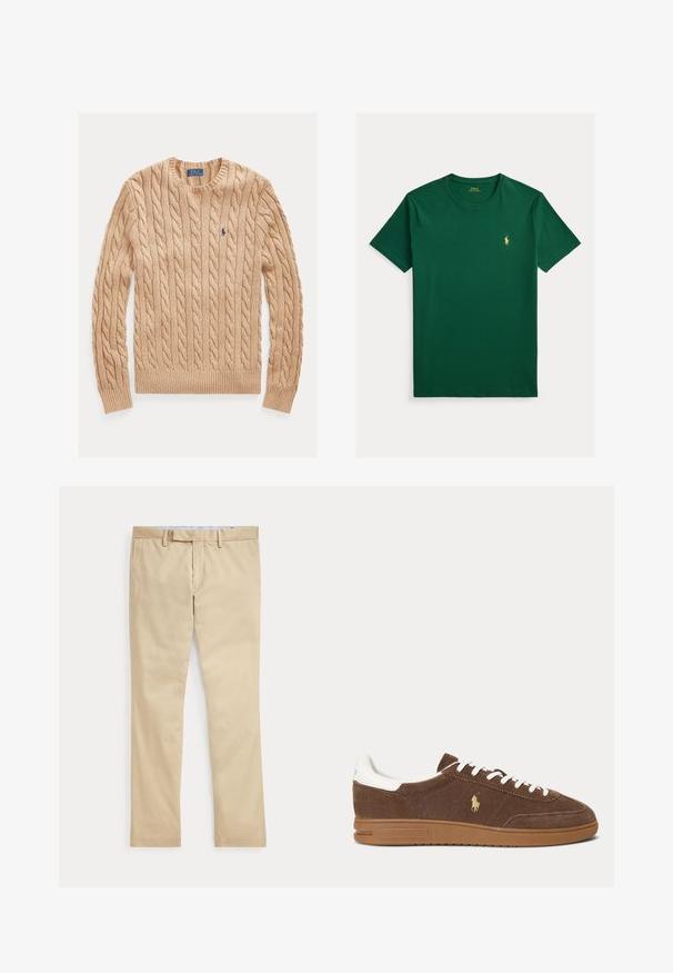 Jersey beige de punto trenzado con cuello redondo, mangas largas y pequeño logo azul de Polo Ralph Lauren en el pecho izquierdo.; Camiseta de algodón verde con cuello redondo clásico y mangas cortas. Presenta un pequeño logo de polo amarillo en el pecho izquierdo. Textura lisa.; Pantalones beige de corte recto con trabillas para cinturón y cremallera frontal, colocados planos sobre un fondo blanco.; Zapatilla de ante marrón con cordones y talón blancos, suela de goma y logo dorado del caballo de Ralph Lauren en el lateral.