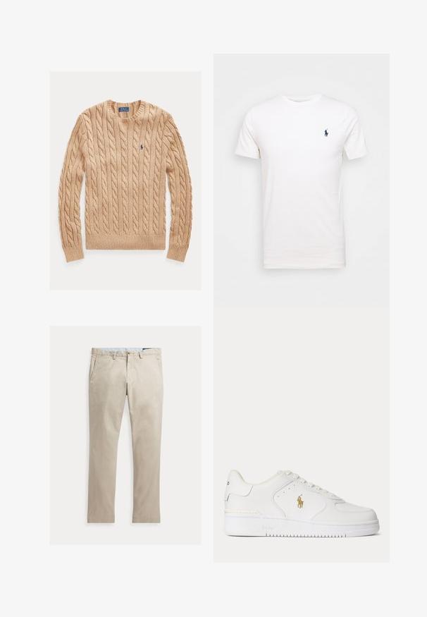 Béžový sveter s okrúhlym výstrihom, dlhými rukávmi a malým modrým logom Polo Ralph Lauren na ľavej strane hrude.; Biela bavlnená tričko s okrúhlym výstrihom. Na ľavej strane hrude je malé tmavomodré logo. Krátke rukávy, hladká textúra.; Béžové rovné bavlnené nohavice s prednými vreckami, pútkami na opasok, zapínaním na gombík a zipsom, zobrazené položené na bielom pozadí.; Biele kožené nízke tenisky s bielymi šnúrkami a zlatým logom Polo Ralph Lauren na boku a "Polo" vyrazeným na podrážke.