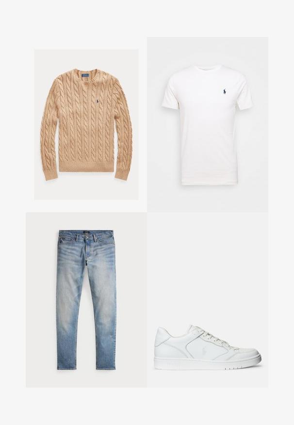Béžový sveter s okrúhlym výstrihom, dlhými rukávmi a malým modrým logom Polo Ralph Lauren na ľavej strane hrude.; Biela bavlnená tričko s okrúhlym výstrihom. Na ľavej strane hrude je malé tmavomodré logo. Krátke rukávy, hladká textúra.; Svetlomodré denimové nohavice s bledým povrchom, dizajnom na päť vreciek a kontrastným prešívaním. Obsahujú zips a pútka na opasok. Rovný strih.; Biele kožené tenisky s hladkým povrchom, obsahujúce perforovanú špičku, šnúrkové uzatvorenie a vyšívané logo na boku. Biela gumová podrážka.