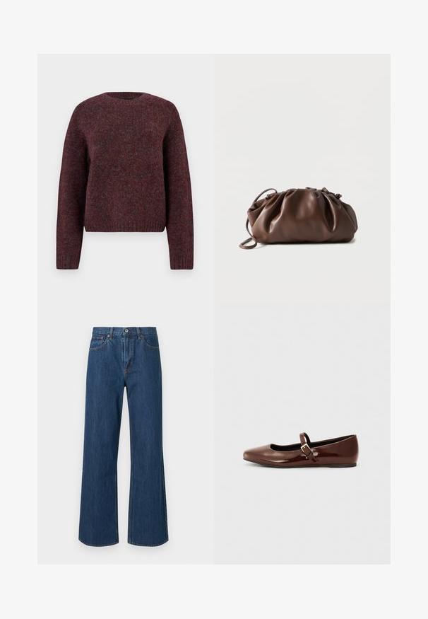 Pull en tricot bordeaux avec col rond, manches longues et ourlet côtelé. Texture douce avec des variations de couleur subtiles pour plus de profondeur.; Jeans en denim à jambes larges en bleu moyen, avec une taille haute, des poches avant et des détails de couture subtils. Texture lisse avec des ourlets arrondis.; Ballerine en cuir verni marron avec un bout carré et une lanière ornée d'une petite boucle dorée. Texture lisse, talon bas et design minimaliste.; Sacoche en cuir marron doux avec un haut froncé et une fine bandoulière, posée sur un fond blanc.