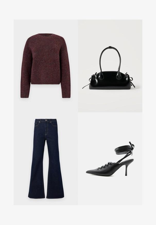 Pull en tricot bordeaux avec col rond, manches longues et ourlet côtelé. Texture douce avec des variations de couleur subtiles pour plus de profondeur.; Jean en denim bleu foncé évasé, doté d'une taille haute, de poches avant et de surpiqûres dorées. Texture douce avec une coupe traditionnelle.; Chaussure à talon haut noire à bout pointu avec laçage à l'avant et brides enroulées autour de la cheville nouées en nœud, vue de côté sur fond blanc.; Petit sac à main noir brillant avec deux longues anses et des détails à cordon sur les côtés sur un fond clair uni.