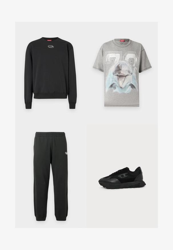 Sweatshirt noir en tissu doux, avec un col rond, des manches longues, des poignets côtelés, et un petit logo au centre. Design simple.; T-shirt gris à manches courtes avec un grand imprimé blanc "78" et un graphisme détaillé d'une tête de dauphin souriante à l'avant.; Pantalons de jogging noirs en tissu doux et extensible, avec une taille élastique et des poignets côtelés. Présente un petit logo sur la cuisse.; Baskets basses noires avec semelle texturée, dessus en mesh et cuir, fermeture à lacets devant, et petit logo embossé sur le panneau latéral.