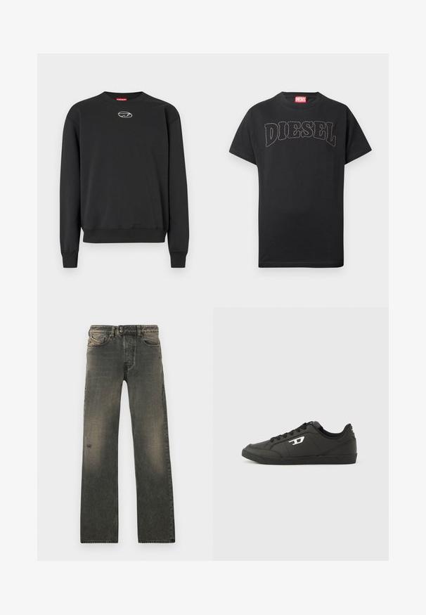 Sweatshirt noir en tissu doux, avec un col rond, des manches longues, des poignets côtelés, et un petit logo au centre. Design simple.; T-shirt noir à manches courtes avec texte "DIESEL" courbé et cousu sur la poitrine, et étiquette rouge à l'intérieur du col.; Jean en denim gris avec une coupe décontractée, doté d'une fermeture à boutons, d'un léger effet délavé, et d'usures discrètes près du genou. Conception à cinq poches.; Baskets synthétiques noires avec une semelle noire texturée, un bout rond et des lacets plats noirs. Logo blanc remarquablement placé sur le côté extérieur.