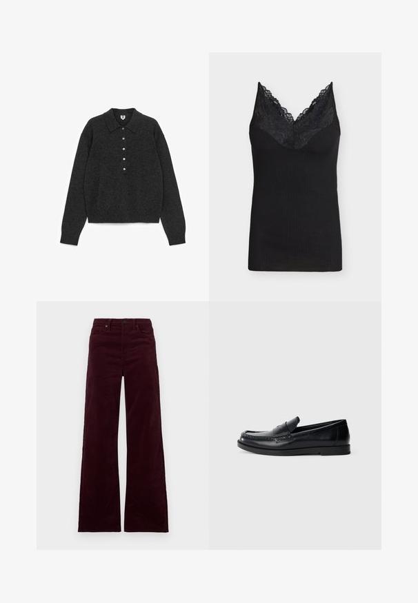Pull en maille à manches longues de couleur gris foncé, avec col et patte de boutonnage à cinq boutons, finitions côtelées aux poignets et à l'ourlet, posé à plat sur un fond blanc.; Camisole noire côtelée avec bordure en dentelle au décolleté en V, design sans manches et silhouette ajustée sur un fond uni.; Pantalon large en velours côtelé bordeaux à taille haute, doté d'une fermeture éclair, d'un bouton et de poches latérales. Texture lisse avec des côtes verticales.; Mocassins en cuir noir avec un design d'accent cousu, bout rond, semelle plate en caoutchouc et finition lisse. Silhouette classique et polyvalente.