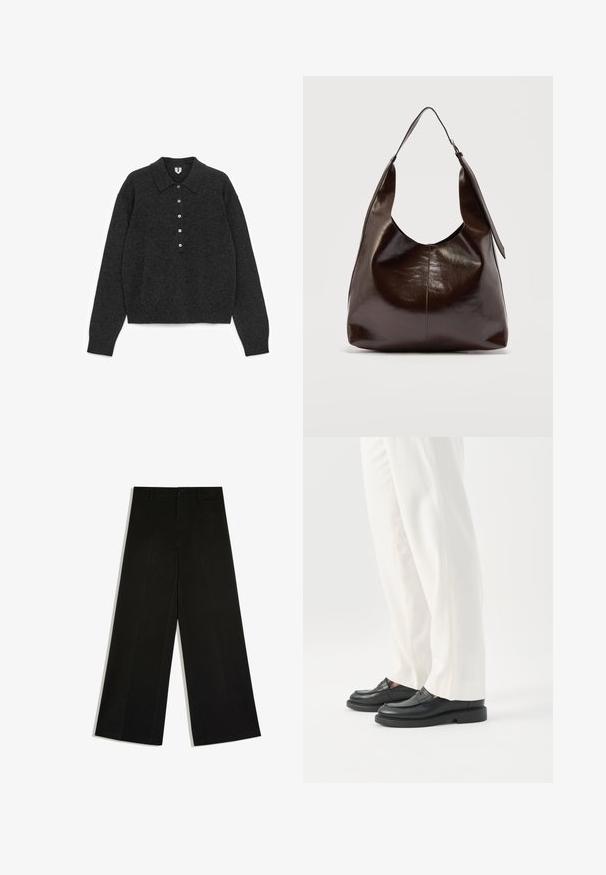 Pull en maille à manches longues de couleur gris foncé, avec col et patte de boutonnage à cinq boutons, finitions côtelées aux poignets et à l'ourlet, posé à plat sur un fond blanc.; Pantalon noir à jambes larges avec passants de ceinture, fermeture devant par bouton et zip, posé à plat sur fond blanc.; Personne portant un pantalon blanc sur mesure et des mocassins en cuir noirs, debout sur un fond blanc.; Sac à bandoulière en cuir marron foncé brillant avec une seule large sangle et un détail de boucle sur un côté, posé sur un fond clair uni.