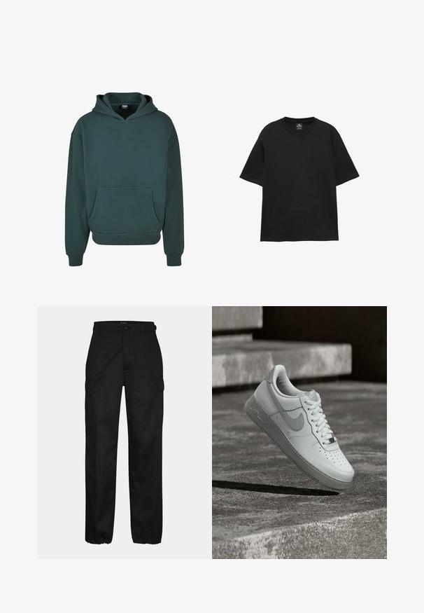 Groene hoodie van zacht materiaal, met een kangoeroezak, een relaxte pasvorm, ribgebreide manchetten en onderrand, en een dubbel gelaagde capuchon.; Zwarte T-shirt met korte mouwen en ronde hals, losse pasvorm en een klein merkembleem aan de binnenkant van de hals.; Zwarte cargobroek met een rechte pasvorm, voorzien van zijzakken, een knoopsluiting en elastische boorden bij de enkels. Gemaakt van duurzaam materiaal.; Witte Nike Air Force 1 sneaker zwevend boven een geribbelde betonnen ondergrond met stenen traptreden op de achtergrond.