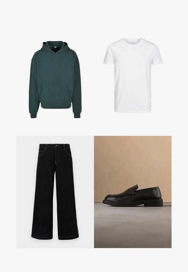 Grüne Kapuzenjacke aus weichem Material, mit einer Kängurutasche, entspannter Passform, gerippten Bündchen und Saum sowie einer doppellagigen Kapuze.; Rundhals-T-Shirt mit kurzen Ärmeln in reinem Weiß, aus weicher Baumwolle, mit einem schlichten Design ohne sichtbare Muster oder Akzente.; Schwarze weit geschnittene Jeanshose aus Denim, mit Knopfverschluss, fünf Taschen und kontrastierendem weißen Nähten entlang der Nähte.; Schwarzer Lederschuh ohne Schnürsenkel schwebt über einem beigen gewebten Teppich, im Hintergrund ein runder Holztisch und ein Sofa.