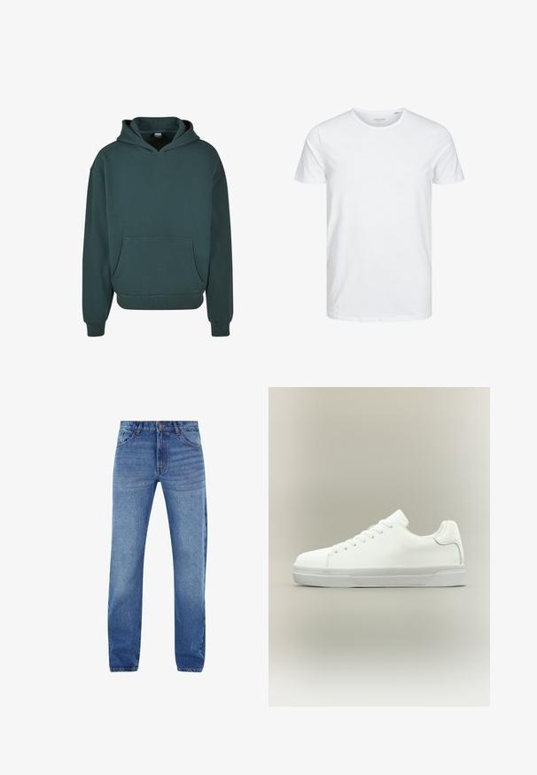 Groene hoodie van zacht materiaal, met een kangoeroezak, een relaxte pasvorm, ribgebreide manchetten en onderrand, en een dubbel gelaagde capuchon.; Ronde hals kortemouwen t-shirt in effen wit, gemaakt van zachte katoen, heeft een eenvoudig ontwerp zonder zichtbare patronen of accenten.; Blauwe denim jeans met een rechte snit, vijf zakken en een ritsluiting. Subtiele vervaging aan de voorkant, gestikte accenten in oranje.; Witte lage sneaker met veters aan de voorkant, gevoerde kraag en gerubberde zool met textuur, zijaanzicht op een neutrale achtergrond.