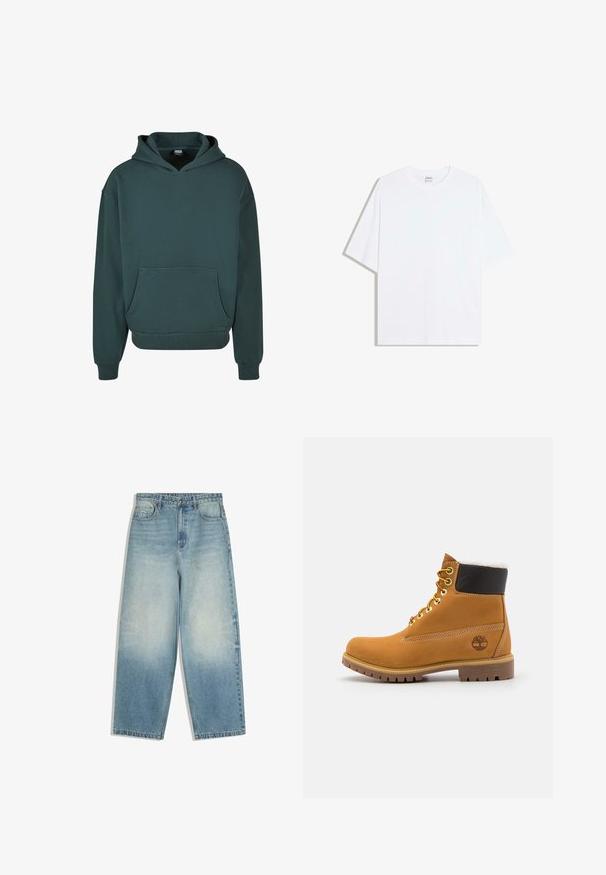Grøn hættetrøje lavet af blødt stof, med en kengurulomme, afslappet pasform, ribbede håndled og kant, samt en dobbeltlaget hætte.; Hvid oversized bomulds t-shirt med rund hals og korte ærmer; glat tekstur, uden synlige mønstre eller accenter.; Lyseblå vide denimjeans med forlommer, knaplukning og falmet vaskepatina på lår og knæ.; Brune læder ankelstøvle med metaløjer, hvid pelsforing, sort polstret krave, robust sål og præget logo på siden.